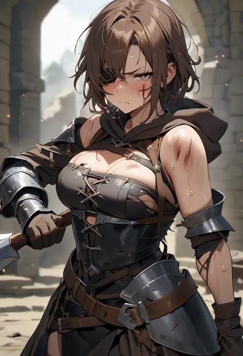 medieval fantasy, (two-handed axe {x} woman with brown hair), athletic, Pupils Symbol, very sexy, (warrior armor), training, injury ,  color makeup {x} torn clothing, sweat,  wet hair ,  Face to Face , Eye cover, 1 girl, Alone,  looking at the viewer, band...