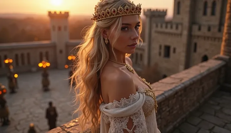 The Queen’s Secret Affair
A radiant young medieval queen stands on the balcony of a towering castle, her golden-blonde hair cascading over her bare shoulders. She wears an intricate lace and silk robe, loosely draped over her flawless skin, revealing glimp...