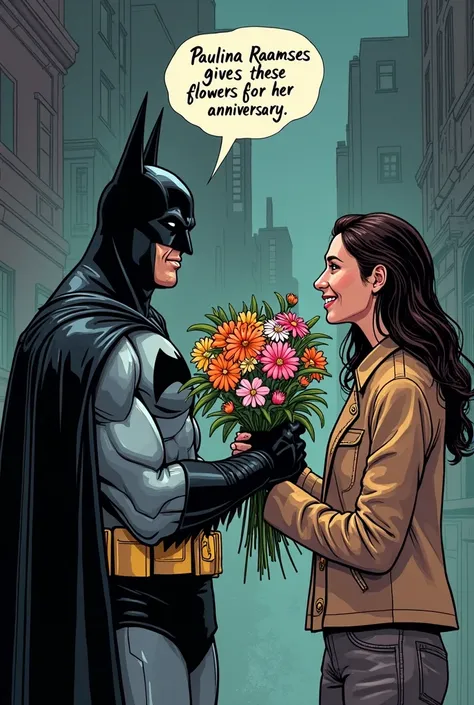 Create Batman comic style with some flowers and say in a text balloon Paulina Raamses gives you these flowers for her anniversary