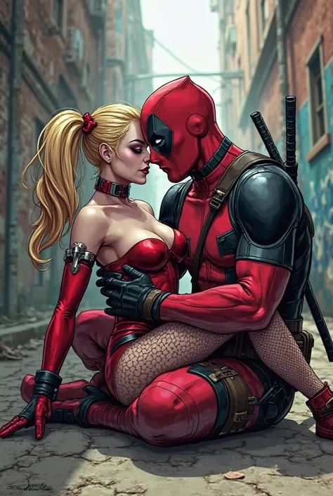 Deadpool et Harley Quinn. Deadpool est assis sur le sol. Harley Quinn est à califourchon sur lui.