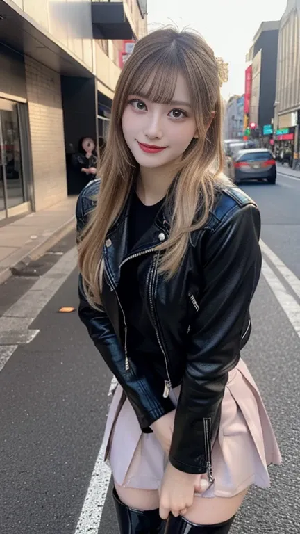 front view:1.5, large breast:1.4, full body photo,((focus on crotch)), she is in a street, standing on a street, one girl, High resolution ,blonde hair, Light Hair Color, sexy, Beautiful eyelashes ,High resolution ,Zoom out ,20-year-old ,Highest quality ,V...