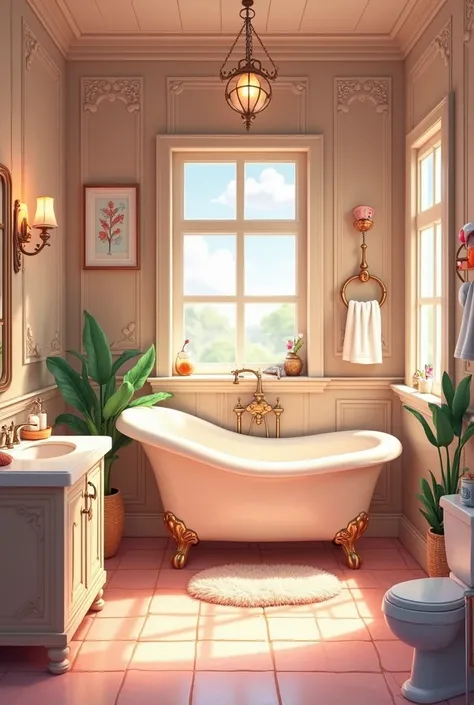 cozy cartoon luxury bathroom, without a toilet and without plants and flowers 