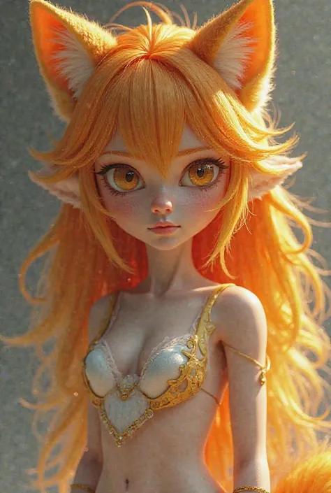 Orange hair with a yellow gradient on the tips, yellow eyes,  well-groomed body ,  wolf's ears and tail.