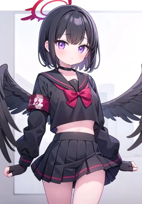 1girl, solo, masterpiece, best quality, good hands, mashirodef, purple eyes, black hair, short hair, bangs, halo, school uniform, black shirt, long sleeves, black serafuku, red bow, armband, fingerless gloves, black choker, black skirt, pleated skirt, blac...