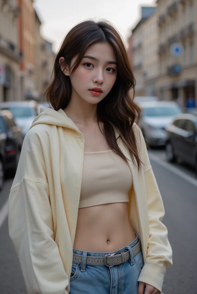  Girl in street scene, Hip-hop belly-baring hoodie, Long sleeve，Exposed lower abdomen，Low-rise shorts, Metal belt,((cowboy shot))，Looking at the camera，Detailed facial features, beautiful eyes, Lips, and long eyelashes, Reality, 8K， HD real skin，Visible po...