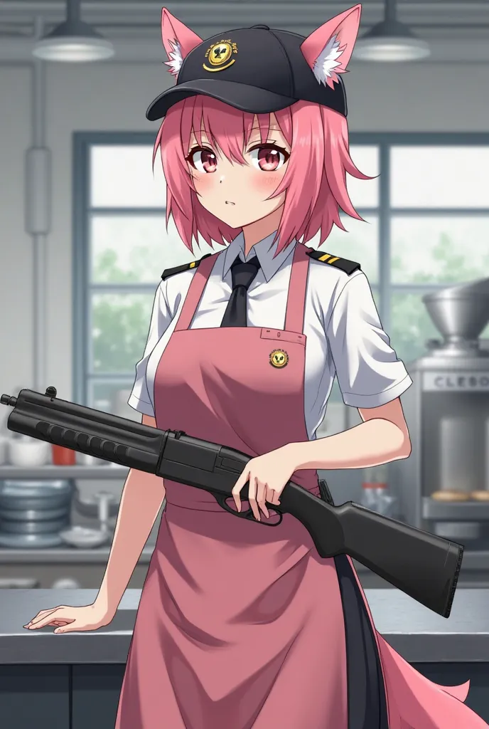 adult female prison guard, shot pixie pink hair, pink dog ear, pink dog tail, no human ears, close her eyes, white officer shirt and black tie, black officer baseball cap, Pink cooking apron, She was carrying a black shotgun, She stood in front of a stainl...