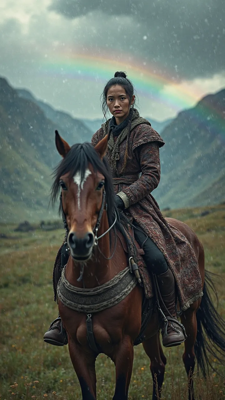 Mongol woman with traditional dress ,ride horse , amazing landscape , scenery , its raining , a rainbow in the distance , ultra hd, 