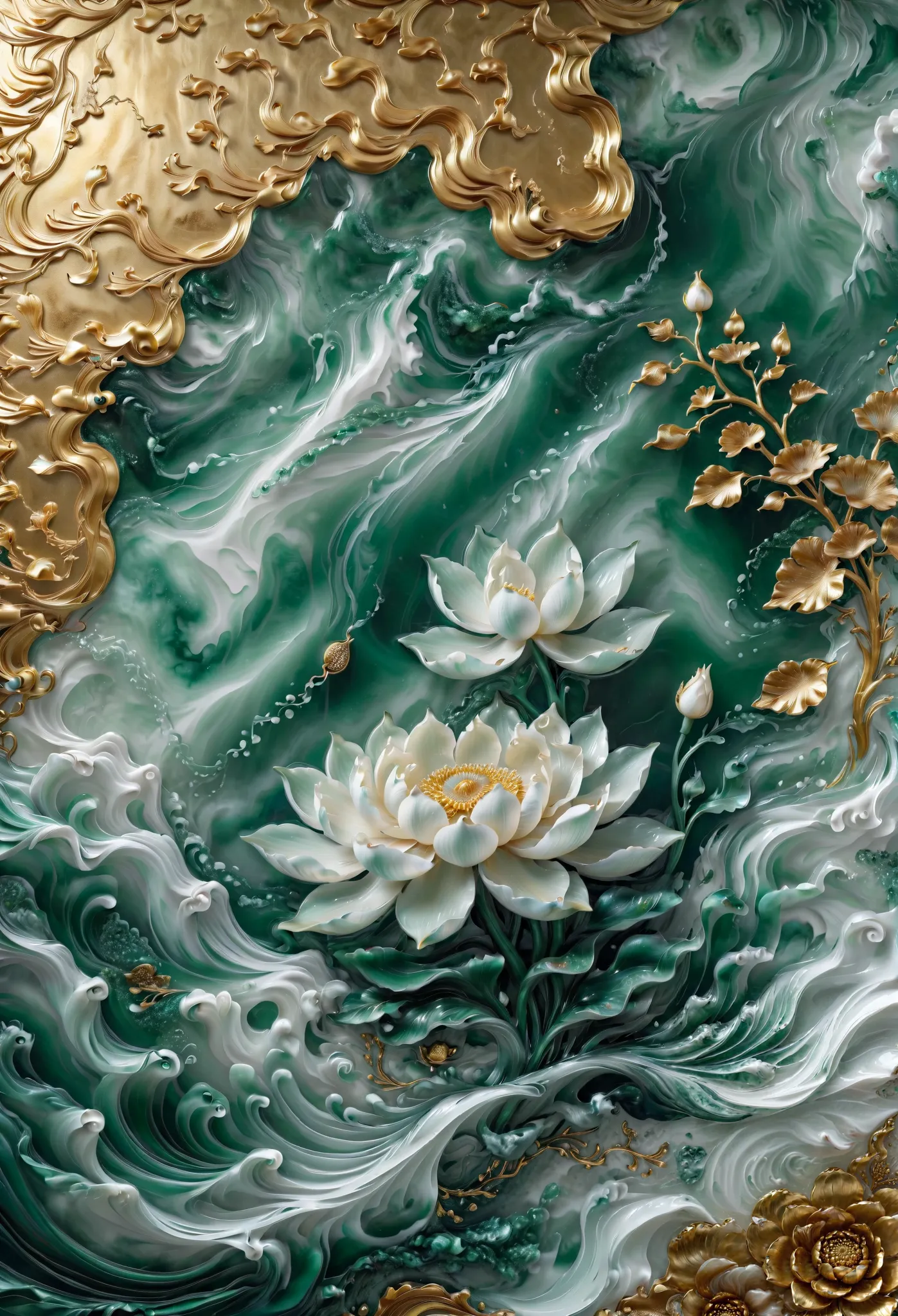 /I a mural painted with a gold patina. The artwork features a pattern with a lot of small tiny little abstract lotus flower with pearly reflections the design includes shades of green, pearly white and touches of pink. Golden background --ar 9:16 --tile --...