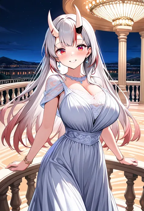 (TOP QUALITY , 8k , masterpiece , incredibly absurdres , perfect body , super detailed skin , highly detailed eyes and face , 1 woman ) ,  nakiri ayame , Silver Hair , red eyes , demon horn , smile ,  will be happy , ( elegant lace long dress , earrings , ...