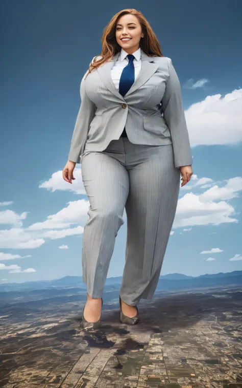 100 km tall giga giantic, curvy young lady with a beautiful smile, bigger than a giant city, curvaceous figure, massive beast, and very very long ginger hair, with a curvaceous figure and massive natural breasts. wearing a tailored italian light grey pinst...