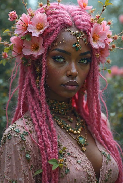 Woman with dark skin, bright pink long braided hair covered in pink flowers and vines. green eyes. Loose alchemist clothing. Venus fly trap style 