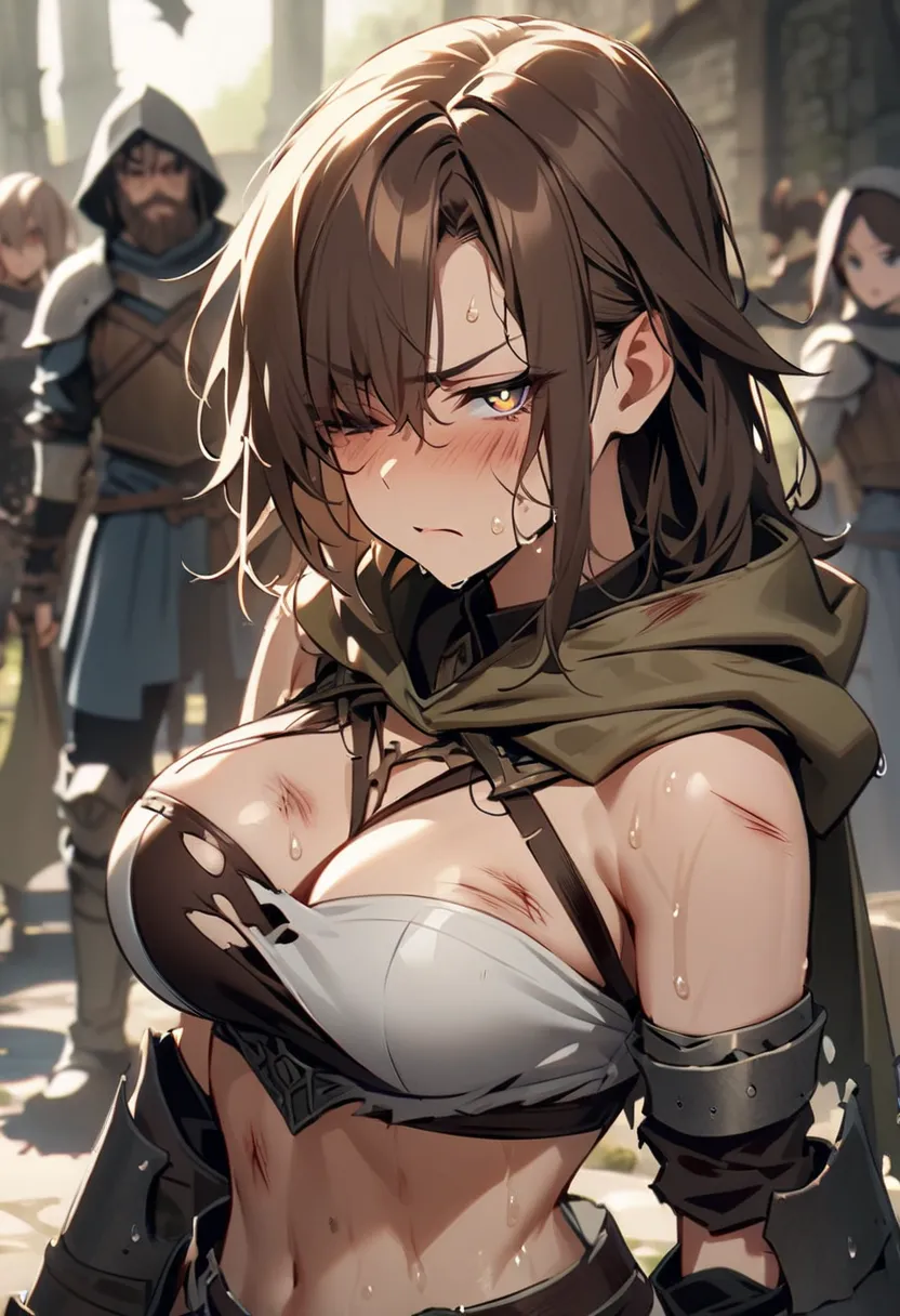 medieval fantasy, (two-handed axe {x} woman with brown hair), athletic, Pupils Symbol, very sexy, (warrior armor), training, injury ,  color makeup {x} torn clothing, sweat,  wet hair ,  Face to Face , Eye cover, 1 girl, Alone,  looking at the viewer, band...