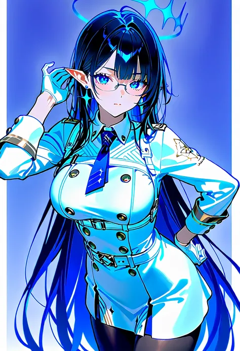 Nanagami Rin 、 blue eyes、 long, slender eyes、 black hair、ingrown hair coloring、very long hair、 pointed ears、Halo、glasses、earrings
collared dress、white dress、White、 Long Sleeve、Wristband、white gloves、blue tie、 white belt、harness、 black pantyhose 