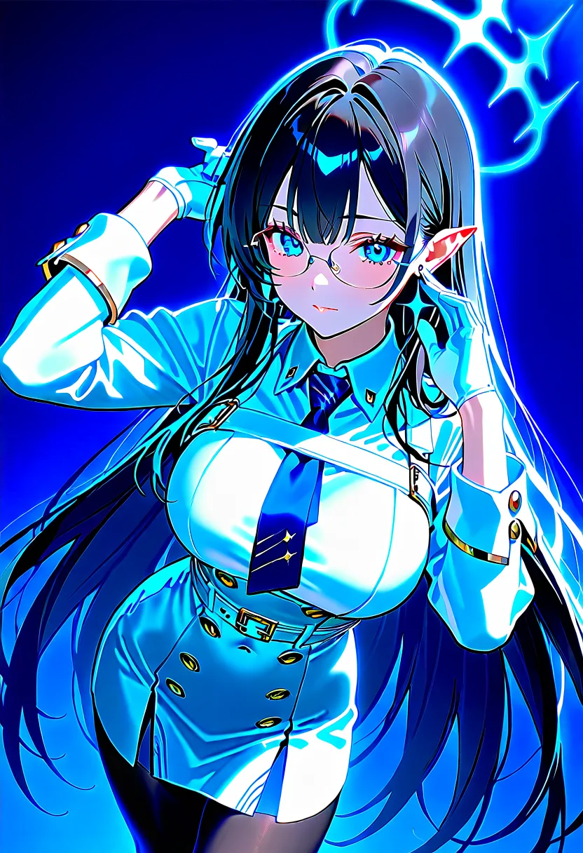 Nanagami Rin 、 blue eyes、 long, slender eyes、 black hair、ingrown hair coloring、very long hair、 pointed ears、Halo、glasses、earrings
collared dress、white dress、White、 Long Sleeve、Wristband、white gloves、blue tie、 white belt、harness、 black pantyhose 