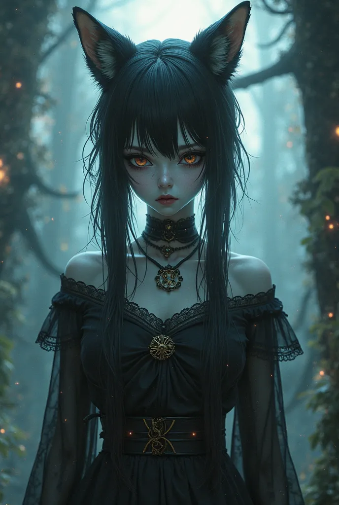 A goth kitsune with undead blood looking like an anime girl