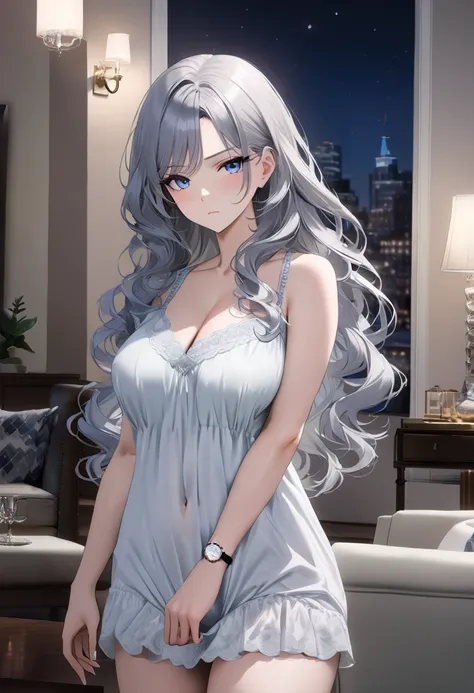 op quality, masterpiece, high resolution, 8k, (1 girl ), Alone, sexy, (cowboy shot), (((An expressionless married woman ))), Beautiful breasts, sexy nighty, (gorgeous American living room at night), milf, (((silver semi-long wavy hair))), ((( casual fashio...