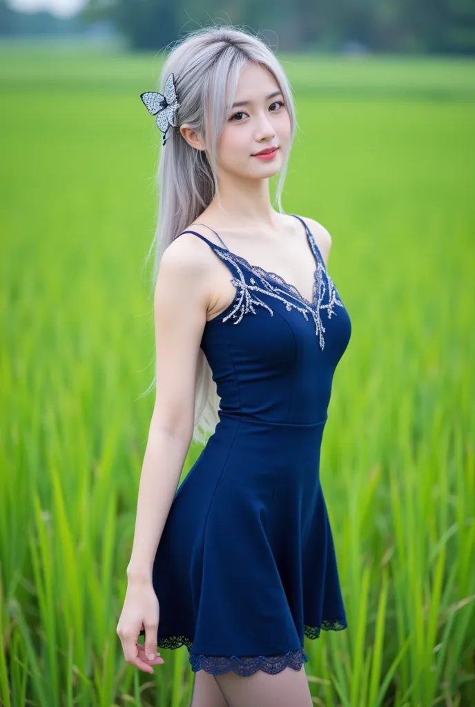 A charming Thai girl stands confidently and gracefully. She stands on the ground with green rice fields to her side. Her slender figure is highlighted by a meticulously designed dark blue tight dress. The fabric perfectly hugs her curves while flowing down...