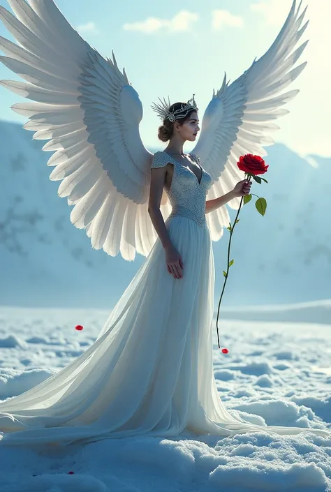 Beautiful yang winged queen is standing on the Iceland with a red rose 