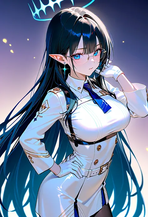 Nanagami Rin 、 blue eyes、 long, slender eyes、 black hair、ingrown hair coloring、very long hair、 pointed ears、Halo、glasses、earrings、 collared dress、white dress、White、 Long Sleeve、Wristband、white gloves、blue tie、 white belt、harness、 black pantyhose 