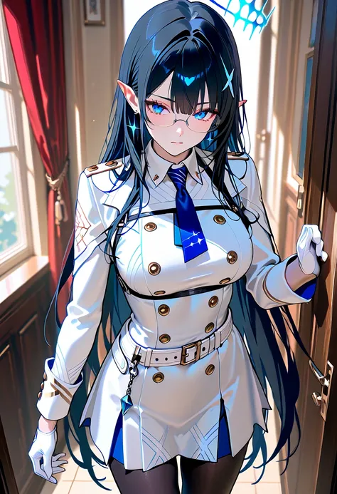 Nanagami Rin 、 blue eyes、 long, slender eyes、 black hair、ingrown hair coloring、very long hair、 pointed ears、Halo、glasses、earrings、 collared dress、white dress、White、 Long Sleeve、Wristband、white gloves、blue tie、 white belt、harness、 black pantyhose 