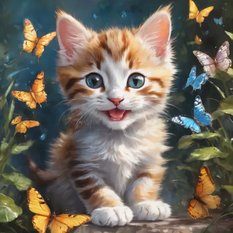 painting of a kitten  grinning  with butterflies, Fine Art Paintings by Jan J, popular on ArtStation,  Process Art , Kitten Oil Painting ,   Adorable Digital Paintings  , in a  Cat Painting,  kitten portrait , Detailed painting 4k,  Cat Painting,  grinning...