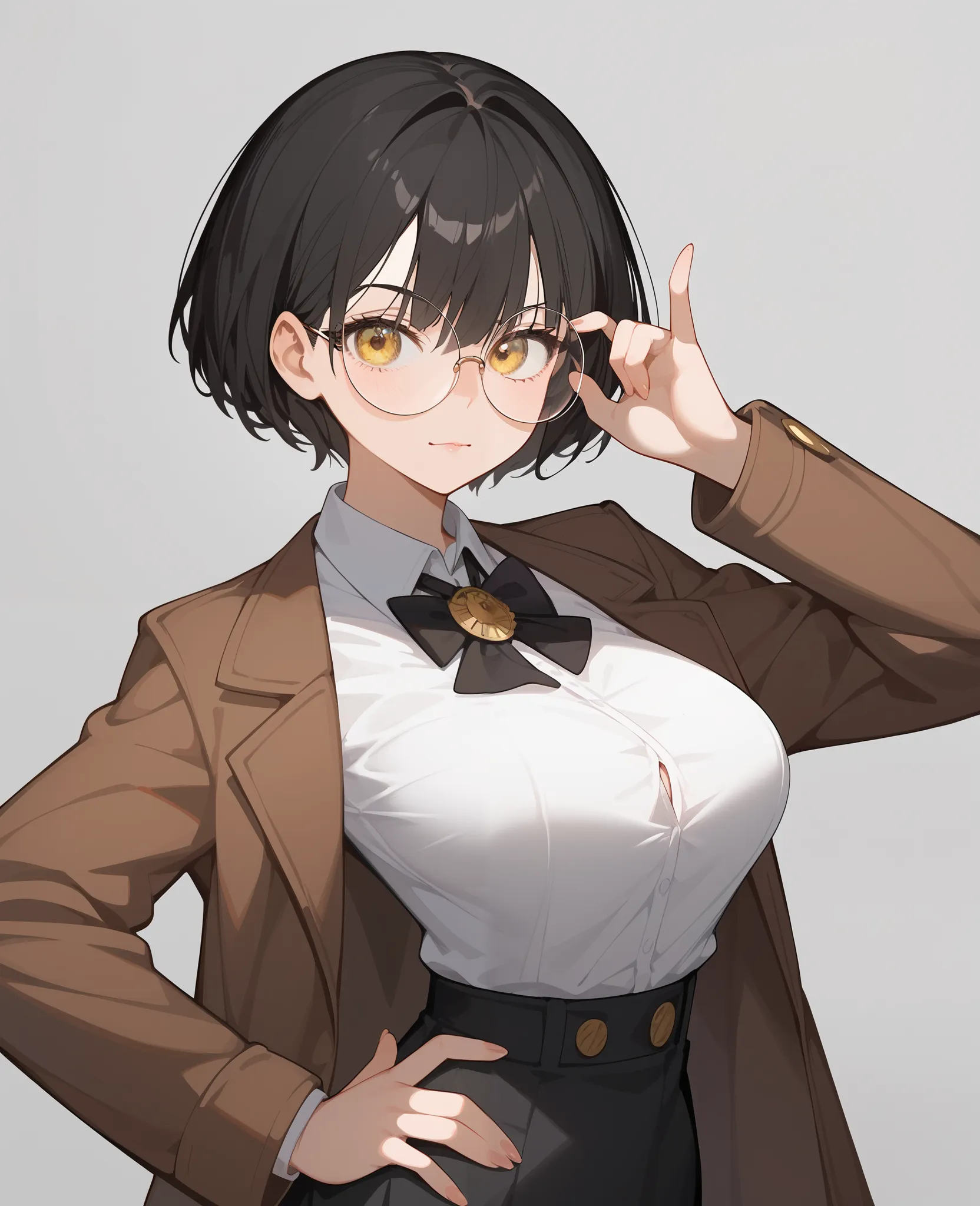 Anime,2D, alone,girl, black hair, horse hair , short hair ,ปลาย black hair, golden eyes,ปลาย black hair, cute, complete,big breasts,Emotionless,, put on round glasses ,,big breasts,, cute,Black suit, Brown Jacket, student,,เด็กstudent,, Slim ,Tall,Fierce f...