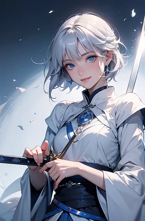 Top Quality、((Laugh gently))、Shortcut with Silver Hair and Deep Blue Eyes、Lonely Sword Princess Carrying a Thin Sword、