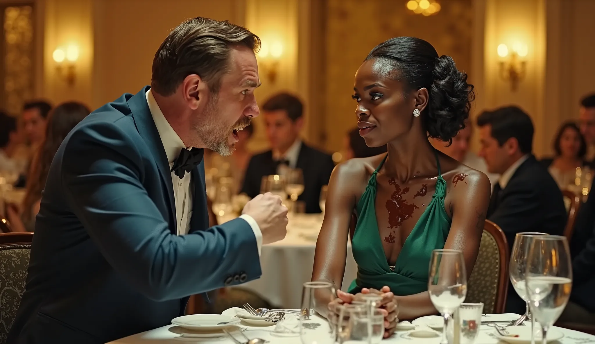 A dramatic scene in a fancy restaurant where a well-dressed white man in a dark blue suit angrily shouts at a black woman wearing an elegant emerald green dress. The black woman sits calmly with a blank expression, her face and dress covered in chocolate o...