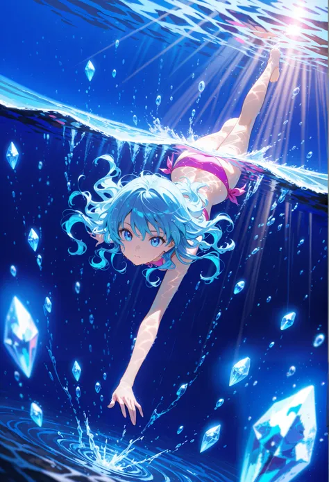 ultra detailed, absolutely resolution, masterpiece, anime screencap, 1girl, pretty anime girl, short messy wavy hair flowing underwater, sandy bottom, blue clear sky, soaked hair, diving towards the water, swimwear, underwater perspective facing the surfac...