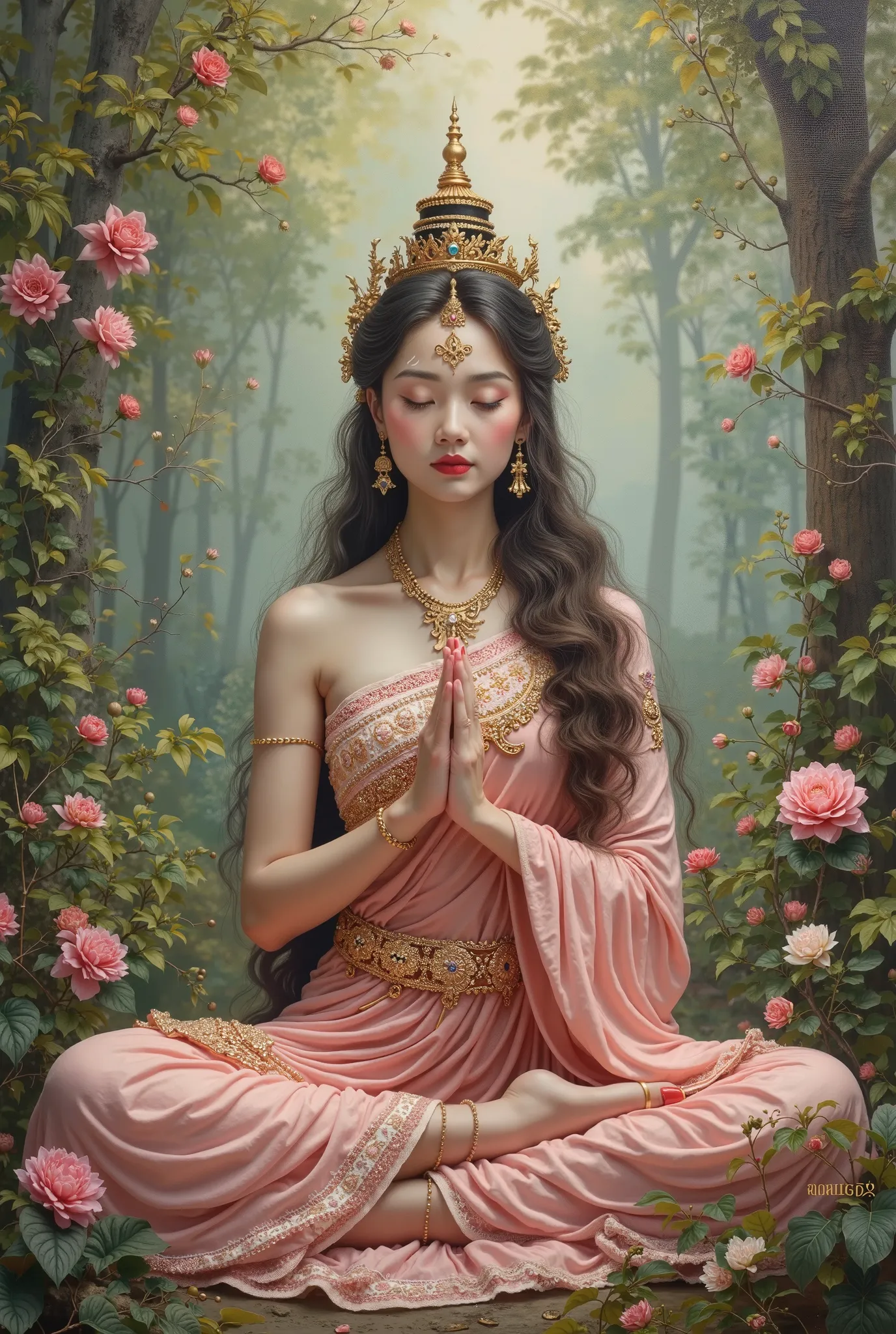 Painting,Beautiful Thai goddess wearing inricate thai dress,sits and praying,wearing light pink,long beautiful hair,surrounded by nature and flowers