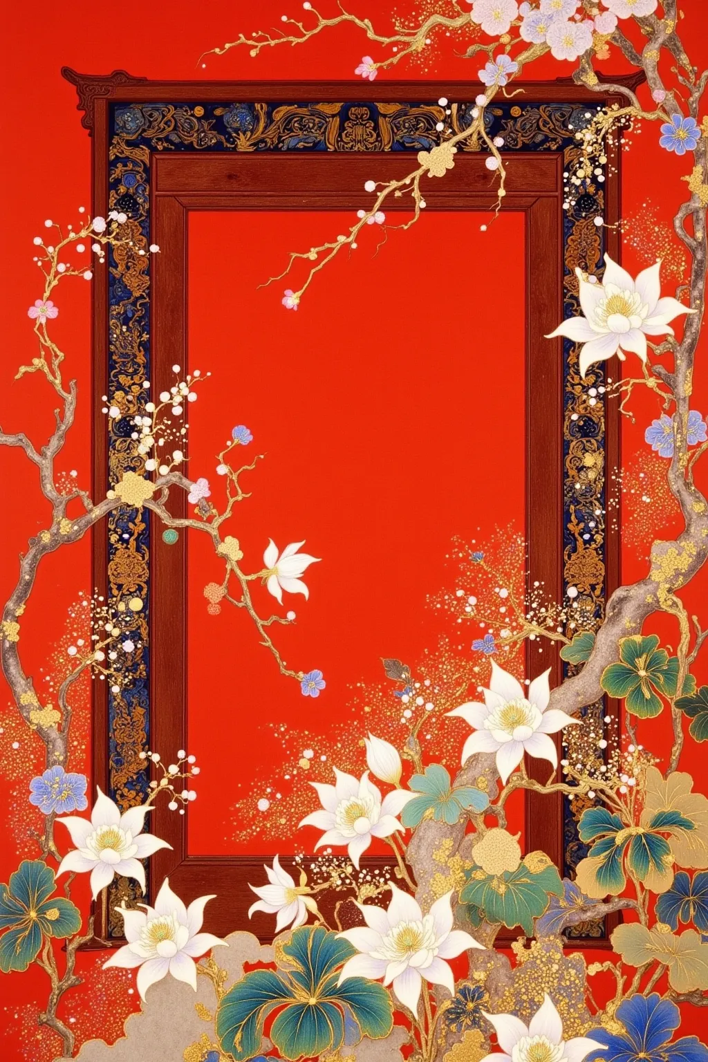 There is a picture of a red door with a red frame,  Oriental Wallpaper , Chinese style pattern, Inspired by Yun Shouping, with ancient Chinese aesthetics,  Chinese Style, Chinese style wallpaper ,  Oriental Art Nouveau , Chinese Palace,  traditional Chines...