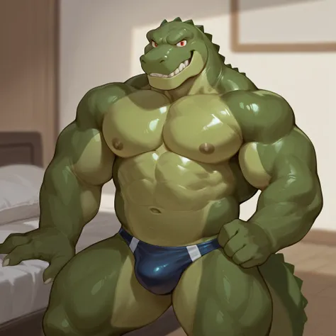 Green alligator#  in red eyes # furry#  casting# Glossy Body # wearing a swimsuit# smile# laugh# Sitting in the bedroom # ( standing#)