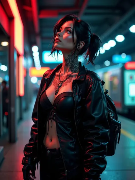 Goethe Futurist style，A cool girl，High Value 1.5，Fine Tailor 1.5，Sexy Lip Edge 1.0，full body shot，High realism， High detail， HD ，8K quality，Sharp Eye，looking_up , Dark Hair，short ponytail，Bra Vest，Fit Black Leather Jacket，black leather pants，Black Backpack...