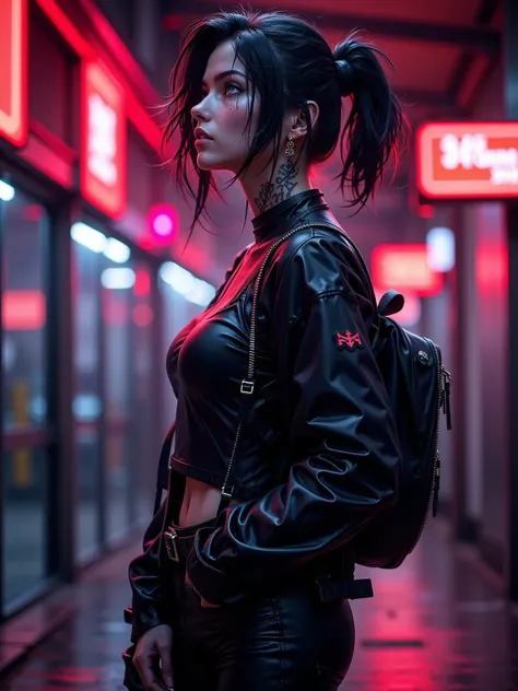 Goethe Futurist style，A cool girl，High Value 1.5，Fine Tailor 1.5，Sexy Lip Edge 1.0，full body shot，High realism， High detail， HD ，8K quality，Sharp Eye，looking_up , Dark Hair，short ponytail，Bra Vest，Fit Black Leather Jacket，black leather pants，Black Backpack...