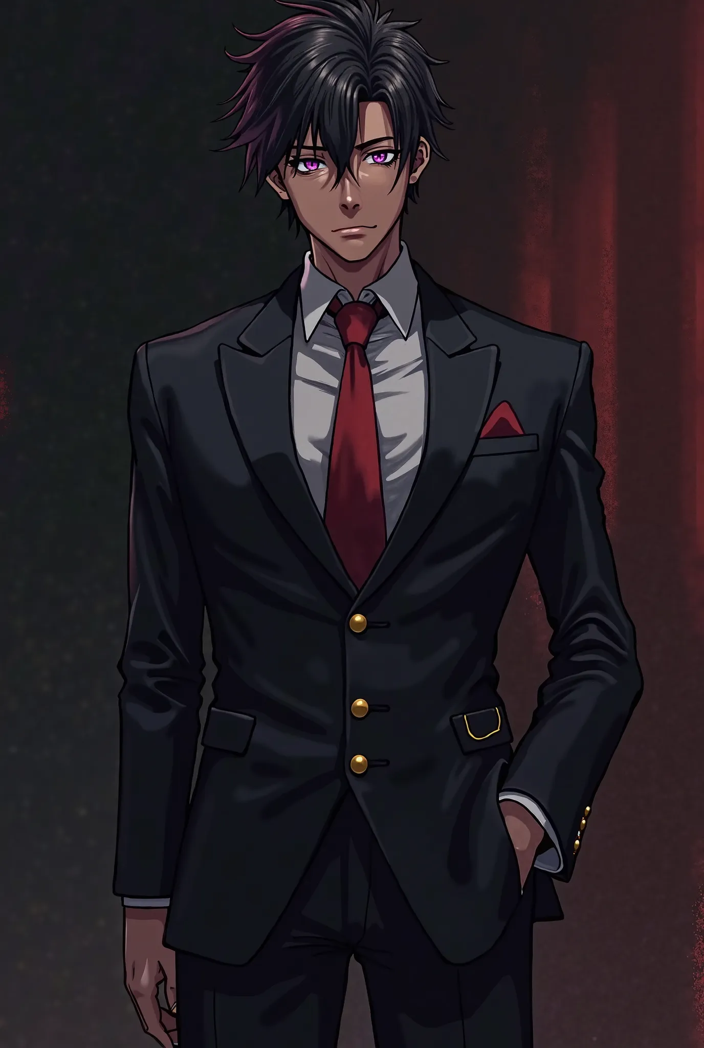 anime style,Jujitsu Kaisen.Dark-skinned man, Afro black hair with dreadlocks and red,purple eyes and hourglass body,Wear an elegant black suit