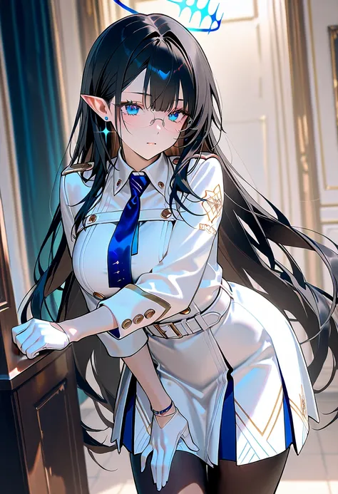 Nanagami Rin 、 blue eyes、 long, slender eyes、 black hair、ingrown hair coloring、very long hair、 pointed ears、Halo、glasses、earrings、 collared dress、white dress、White、 Long Sleeve、Wristband、white gloves、blue tie、 white belt、harness、 black pantyhose 