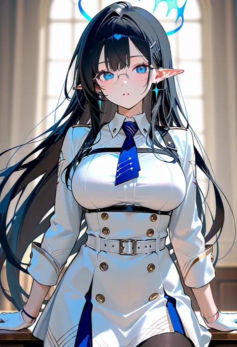 Nanagami Rin 、 blue eyes、 long, slender eyes、 black hair、ingrown hair coloring、very long hair、 pointed ears、Halo、glasses、earrings、 collared dress、white dress、White、 Long Sleeve、Wristband、white gloves、blue tie、 white belt、harness、 black pantyhose 