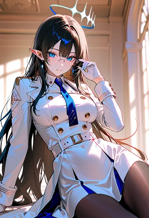 Nanagami Rin 、 blue eyes、 long, slender eyes、 black hair、ingrown hair coloring、very long hair、 pointed ears、Halo、glasses、earrings、Wear a white coat on top、 collared dress、white dress、White、 Long Sleeve、Wristband、white gloves、blue tie、 white belt、harness、 b...