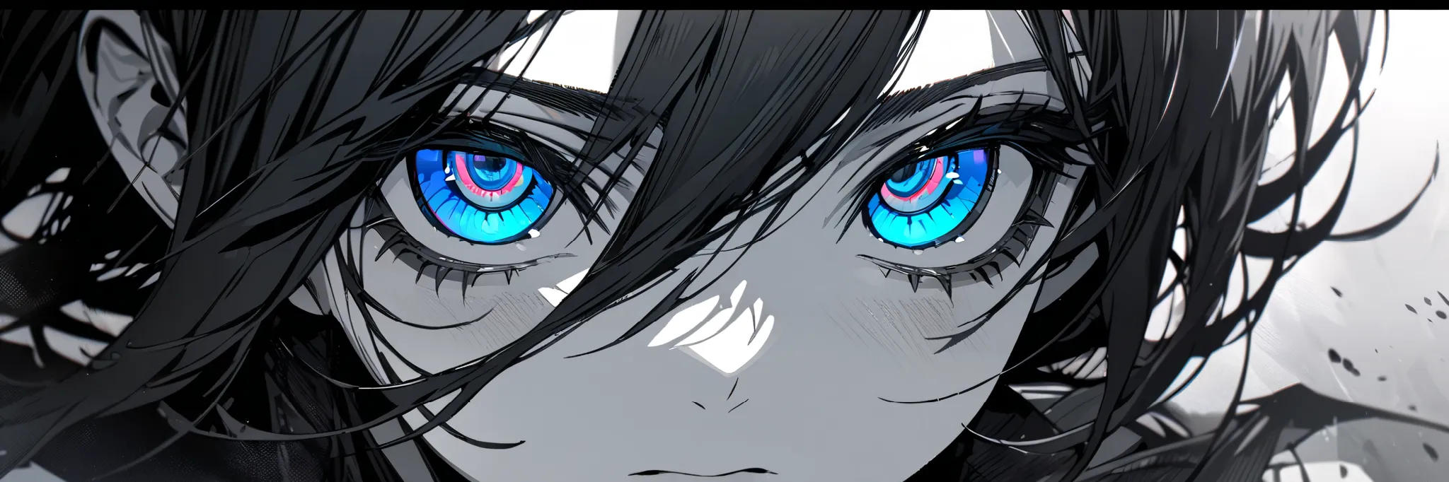 Anime face, detailed eyes, detailed face, ultra detailed, hd, masterpiece, female, black and white, monochrome, blue eyes, expressionless