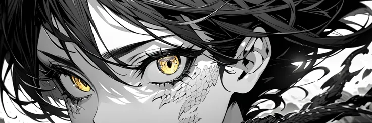 Anime face, detailed eyes, detailed face, ultra detailed, hd, masterpiece, female, black and white, monochrome, golden eyes, dragon eyes 