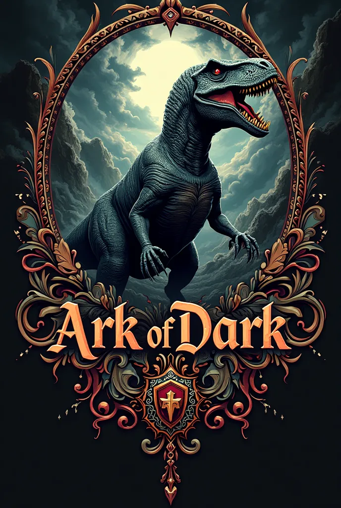 Create a coat of arms with the lettering "Ark of Dark" Community , heroic, end time,  dinosaur,