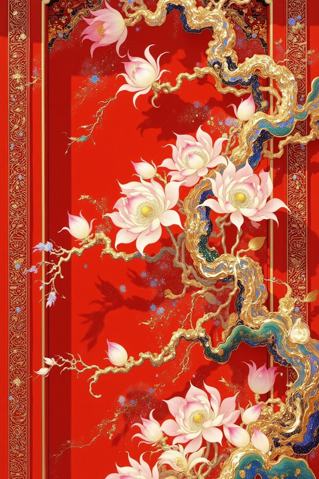 There is a picture of a red door with a red frame,  Oriental Wallpaper , Chinese style pattern, Inspired by Yun Shouping, with ancient Chinese aesthetics,  Chinese Style, Chinese style wallpaper ,  Oriental Art Nouveau , Chinese Palace,  traditional Chines...