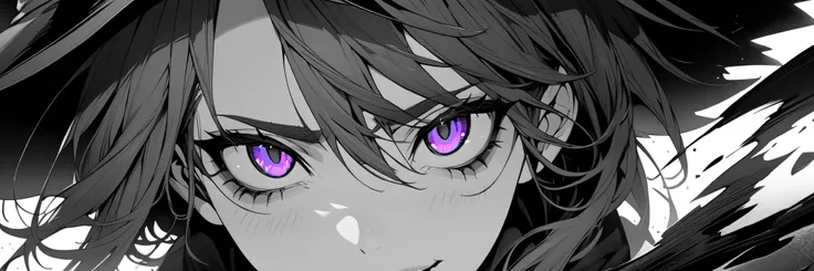 Anime face, detailed eyes, ultra detailed, hd, masterpiece, female, mature, black and white, monochrome, purple eyes, witch eyes 