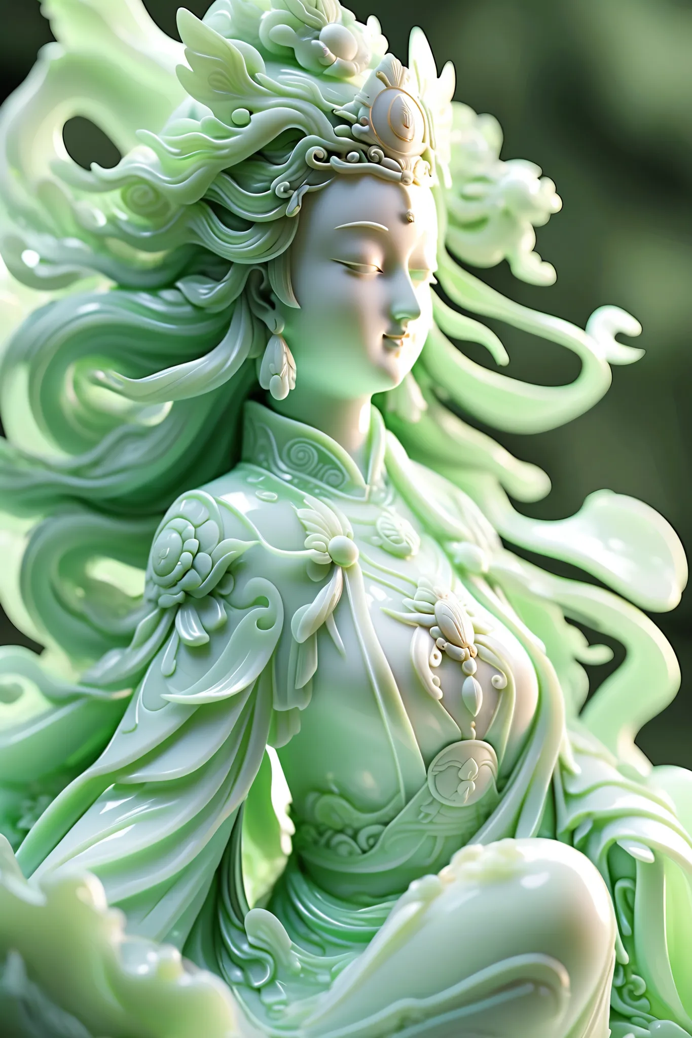 jade Sculptureï¼jade, realisticï¼ guan yin, hair ornament, close up shot,  pure white skin, cinematic light, 