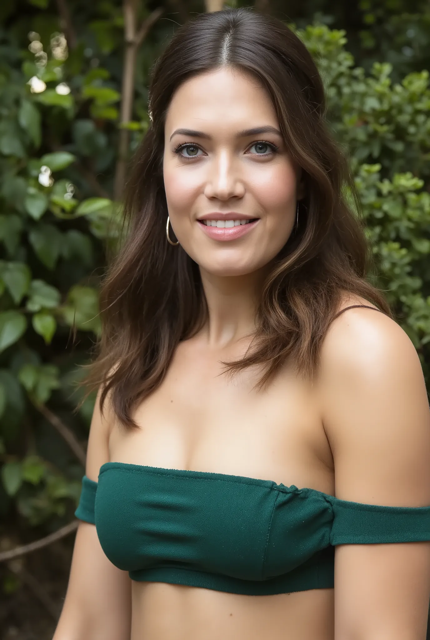 best quality, highres, 8k, masterpiece, photography, detailed midbody photorealistic portrait. Mandy Moore modelling a green velvet crop top for Vanity Fair photoshoot, paired with a matching green lace bra. The crop top features a plunging neckline and su...