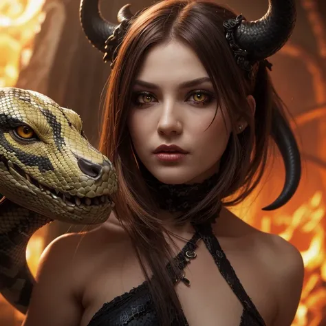 Evil demoness with a head of snake, snakes in her hair, yellow eyes
