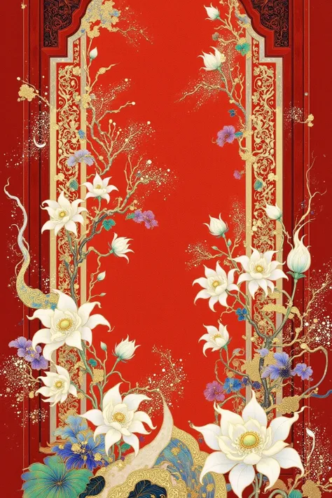 There is a picture of a red door with a red frame,  Oriental Wallpaper , Chinese style pattern, Inspired by Yun Shouping, with ancient Chinese aesthetics,  Chinese Style, Chinese style wallpaper ,  Oriental Art Nouveau , Chinese Palace,  traditional Chines...