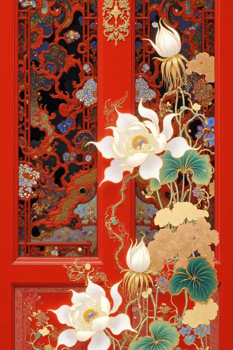 There is a picture of a red door with a red frame,  Oriental Wallpaper , Chinese style pattern, Inspired by Yun Shouping, with ancient Chinese aesthetics,  Chinese Style, Chinese style wallpaper ,  Oriental Art Nouveau , Chinese Palace,  traditional Chines...