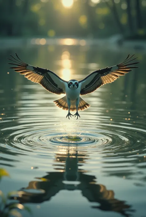 ( masterpiece, best quality:1.3），from a low angle, looking up, showed，an osprey jumping vertically from a high altitude，The tip of the mouth just touched the surface of the water， in a circle of ripples ，The reflection on the surface of the water clearly s...