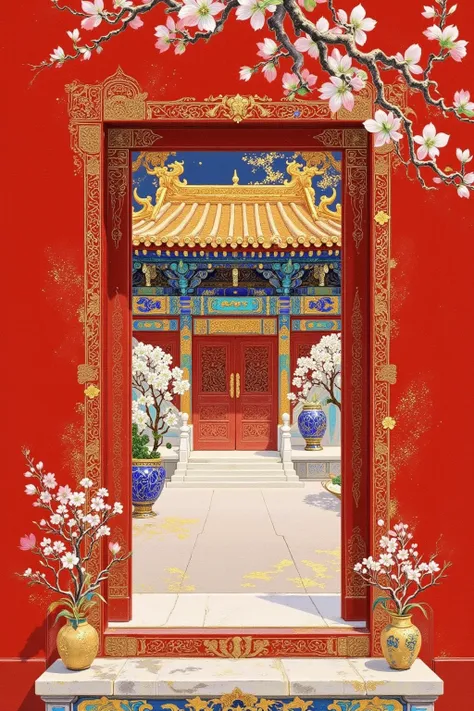 There is a picture of a red door with a red frame,  Oriental Wallpaper , Chinese style pattern, Inspired by Yun Shouping, with ancient Chinese aesthetics,  Chinese Style, Chinese style wallpaper ,  Oriental Art Nouveau , Chinese Palace,  traditional Chines...